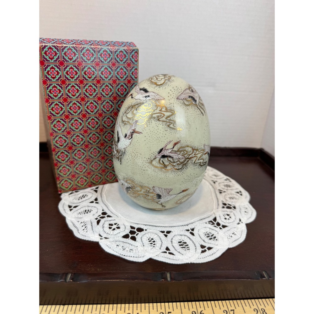 Vintage Satsuma Porcelain Egg Hand Painted Cranes Gold Moriage 6 Inch with Box
